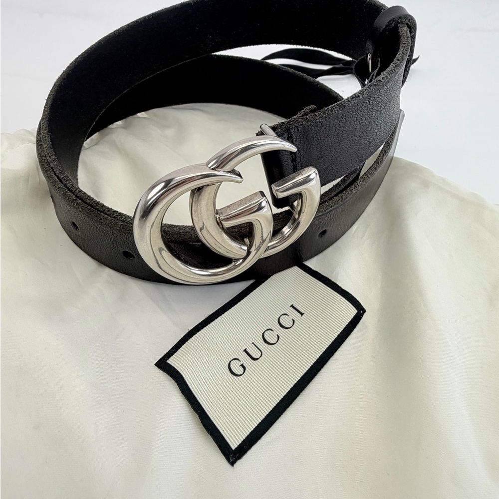Gucci Black Raw Edge Leather Marmont Belt l Silver Buckle 414516 85/34 - Picture 11 of 11
